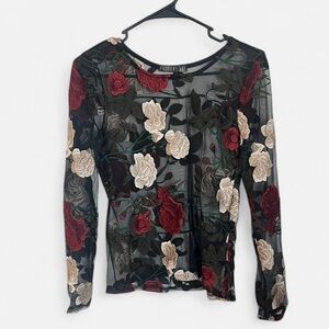 NWOT Potter's Pot Black Sheer Top with Embroidered Red and Cream Floral Design